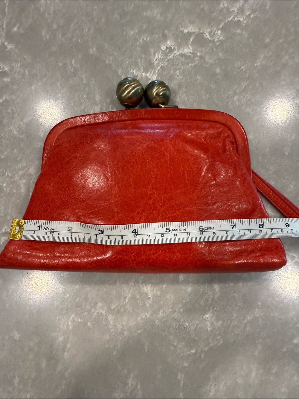 Trina Turk Red Leather Gold Kiss Lock Clutch Wristlet Oversized Ball Closure - Picture 10 of 11